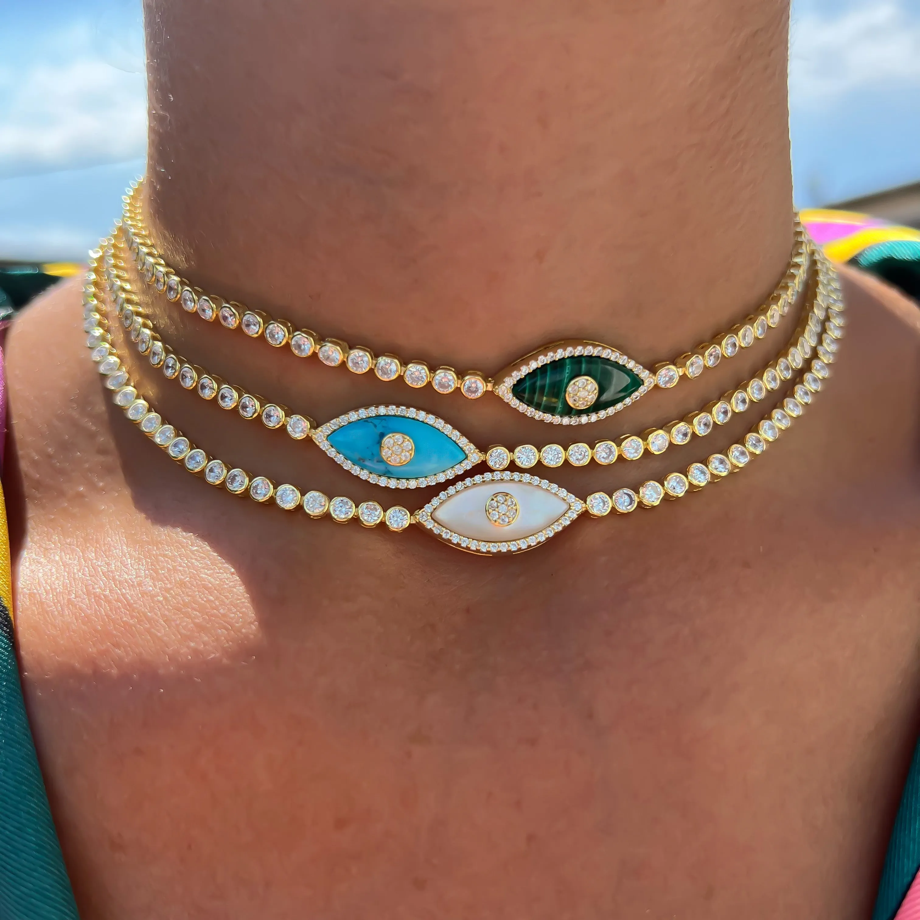 “Gemma” sterling silver malachite eye chokers