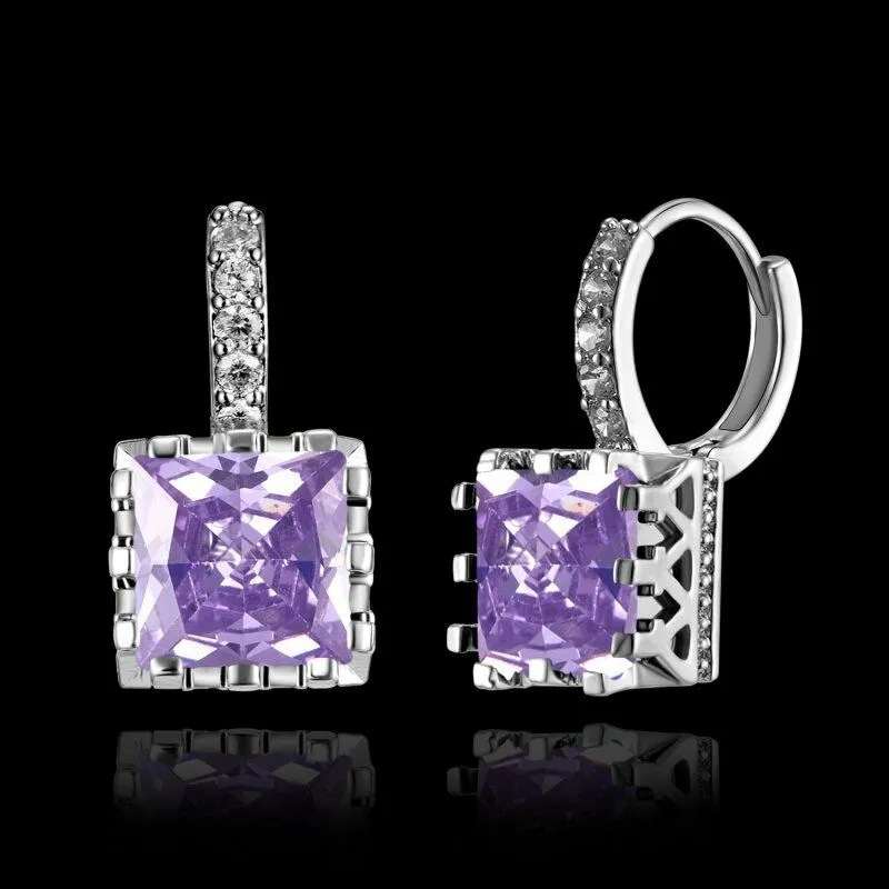 Geometric Purple Square Zircon Silver Earrings