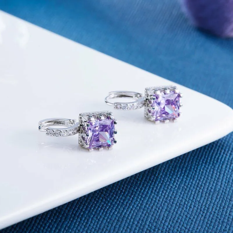 Geometric Purple Square Zircon Silver Earrings