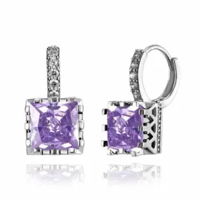 Geometric Purple Square Zircon Silver Earrings