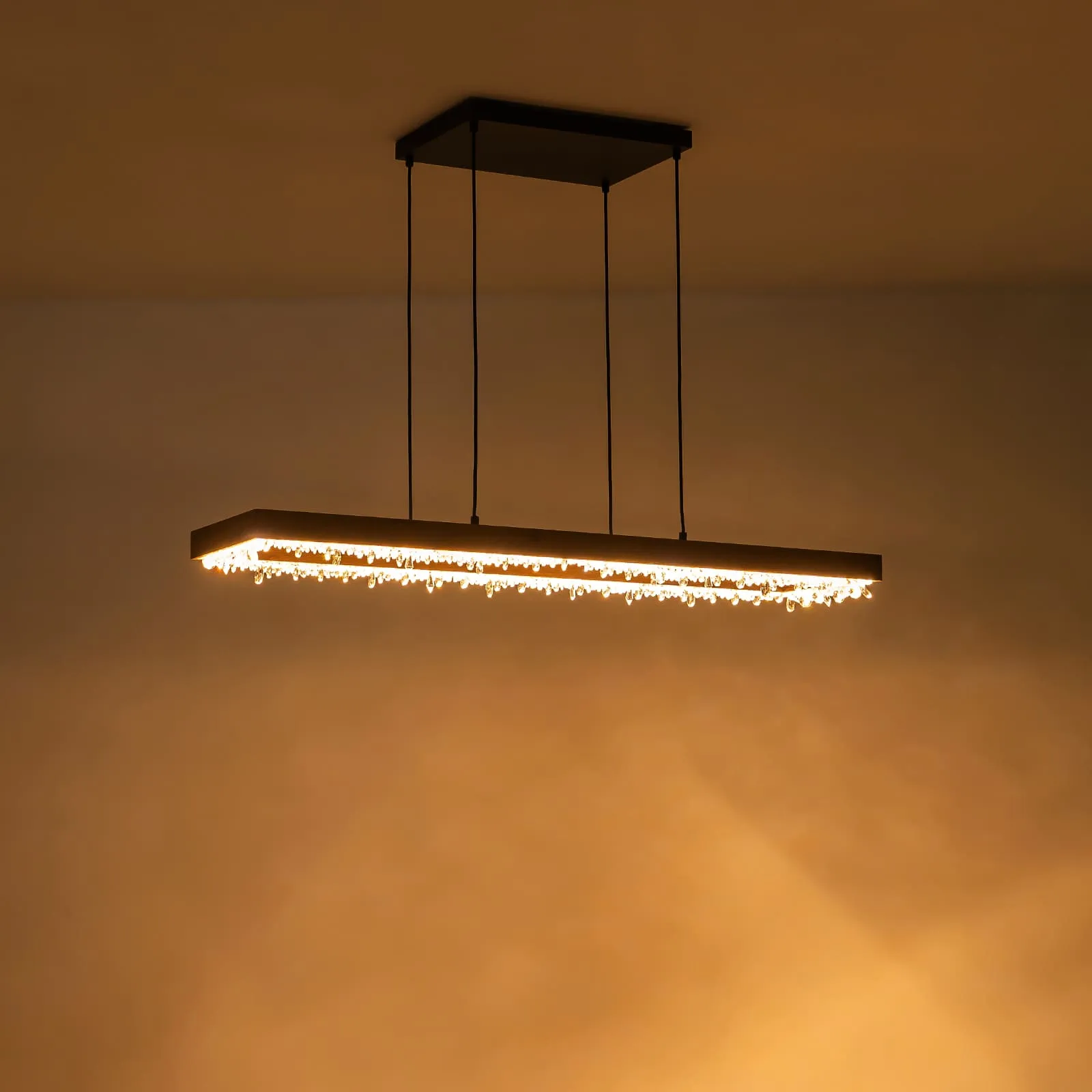 Glowlings 1-Light Modern 47"Wide Rectangle Linear Irregular Crystal LED Wood Pendant Light