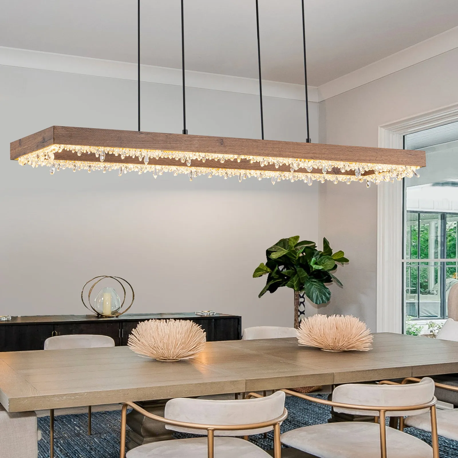 Glowlings 1-Light Modern 47"Wide Rectangle Linear Irregular Crystal LED Wood Pendant Light