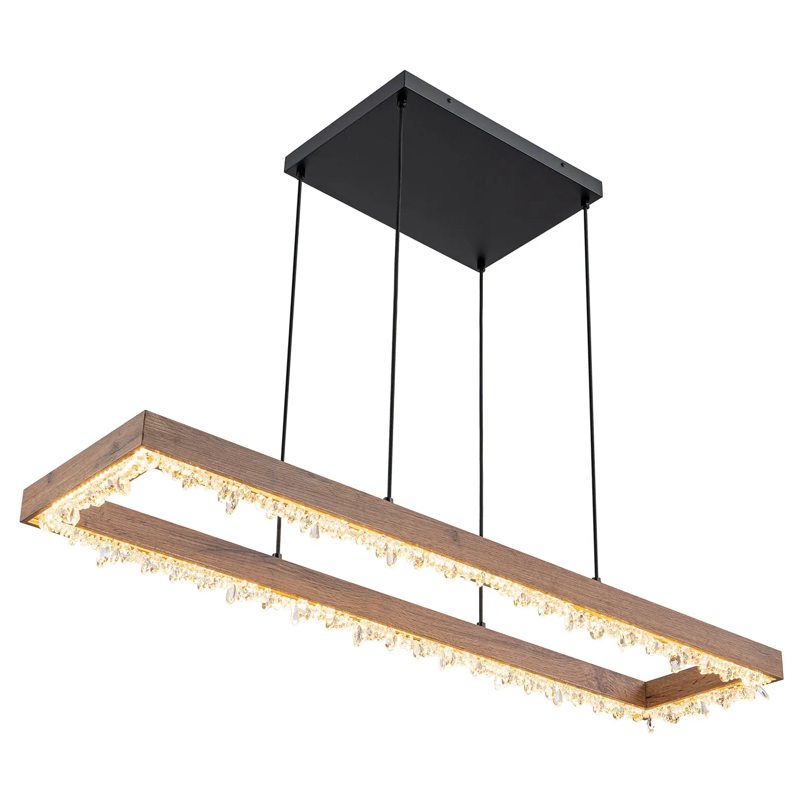 Glowlings 1-Light Modern 47"Wide Rectangle Linear Irregular Crystal LED Wood Pendant Light