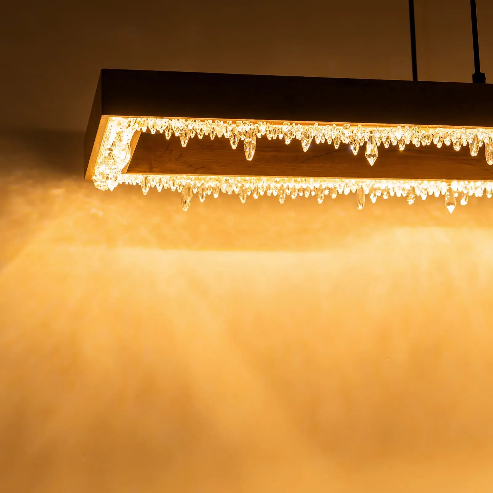 Glowlings 1-Light Modern 47"Wide Rectangle Linear Irregular Crystal LED Wood Pendant Light