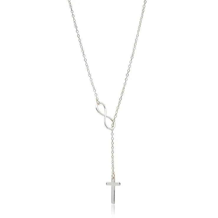 Gold Cross Infinity Lariat Necklace