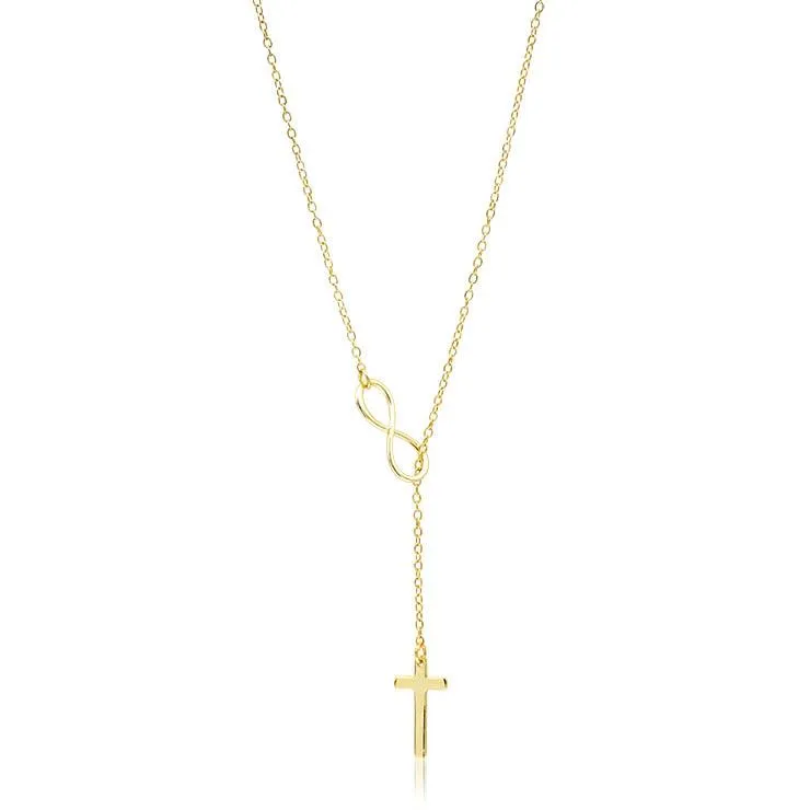 Gold Cross Infinity Lariat Necklace