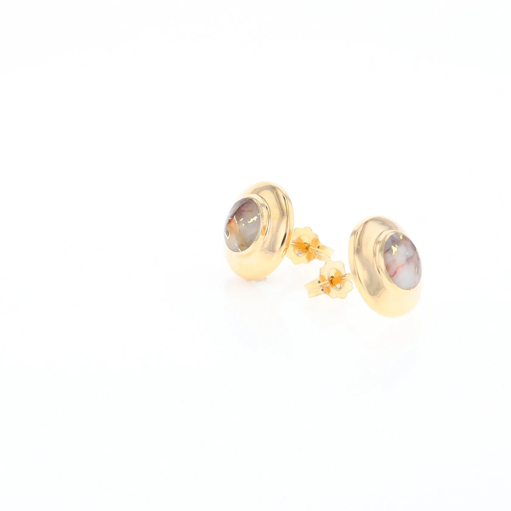 Gold Quartz Earrings Round Inlaid Design