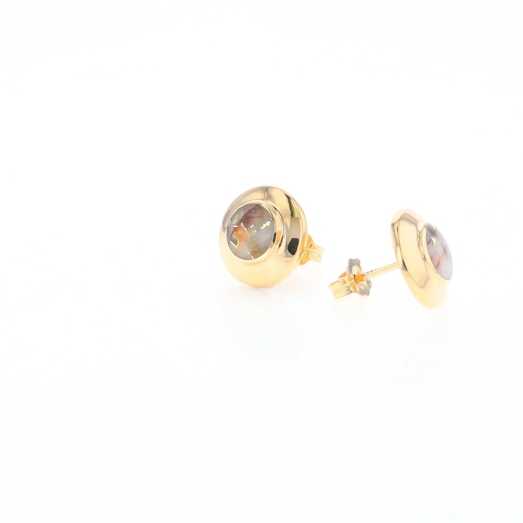 Gold Quartz Earrings Round Inlaid Design