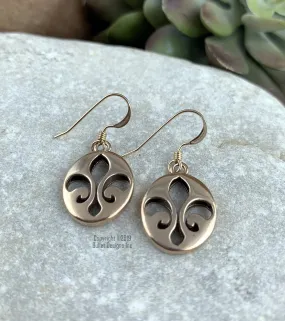Gold Tone Oval Fleur de Lis Dangle Earrings - Gold Filled Earwires