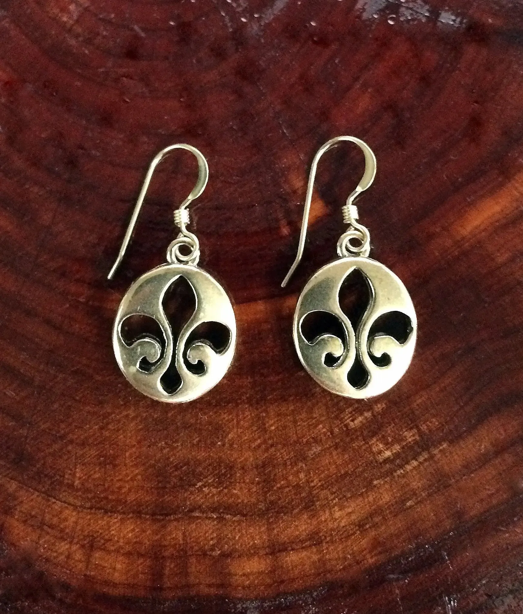 Gold Tone Oval Fleur de Lis Dangle Earrings - Gold Filled Earwires