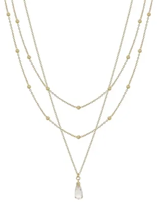 Gold Triple Layered Chain with Clear Teardrop Crystal 16"-18" Necklace