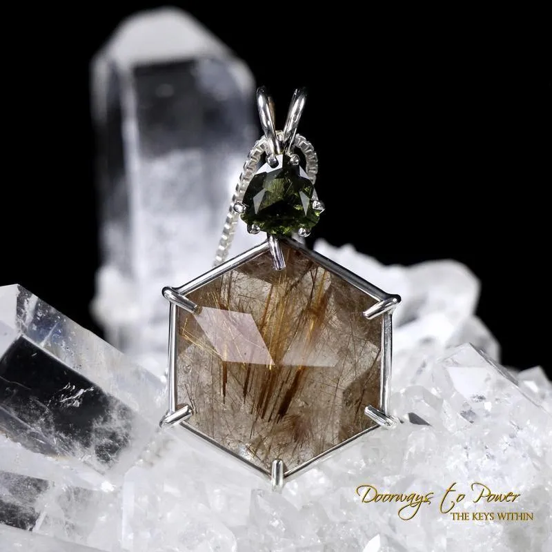Golden Rutilated Quartz & Moldavite Flower of Life Pendant