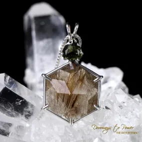 Golden Rutilated Quartz & Moldavite Flower of Life Pendant