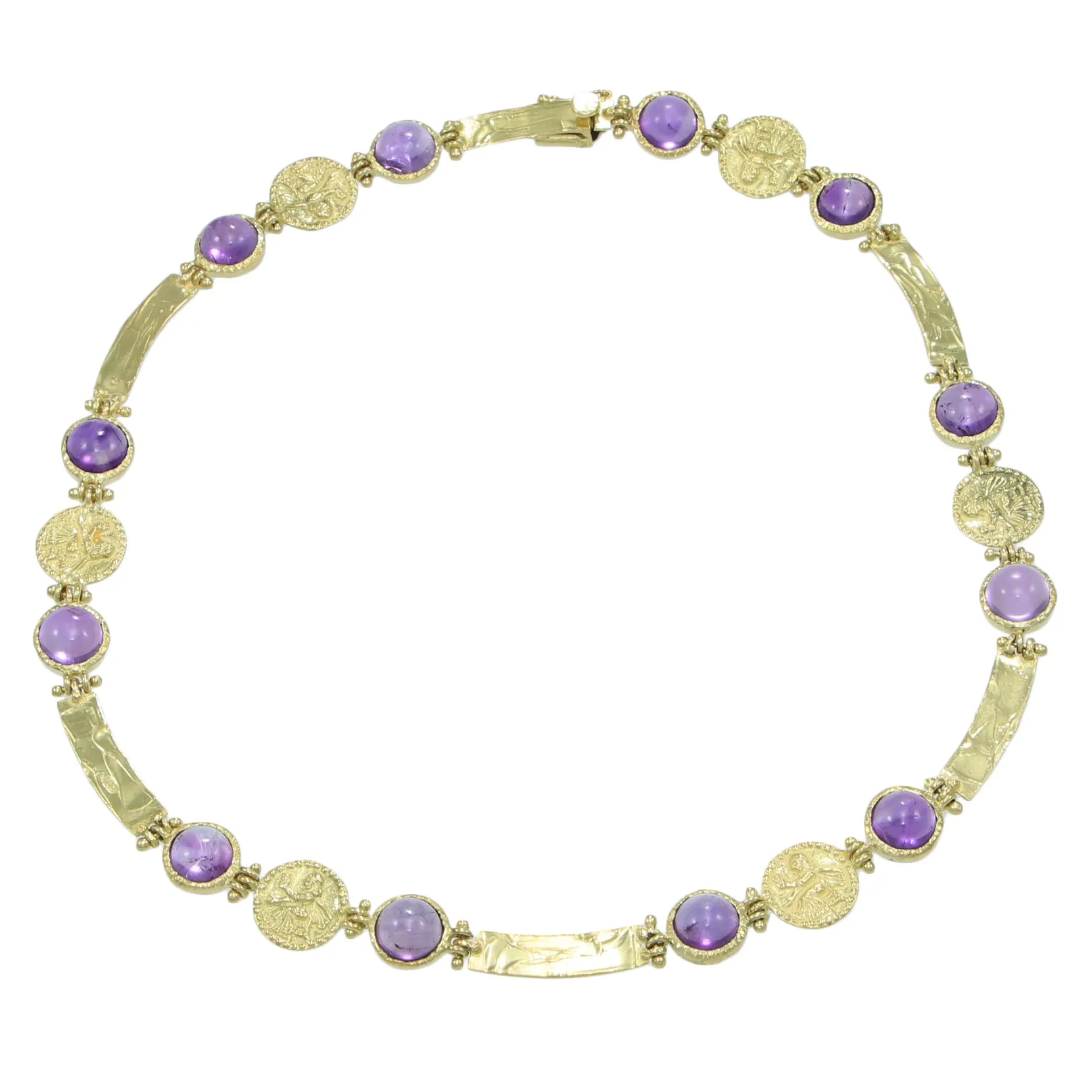 Greek Coin Cabochon Amethyst Necklace 18k Yellow Gold Engraved Vintage Antique