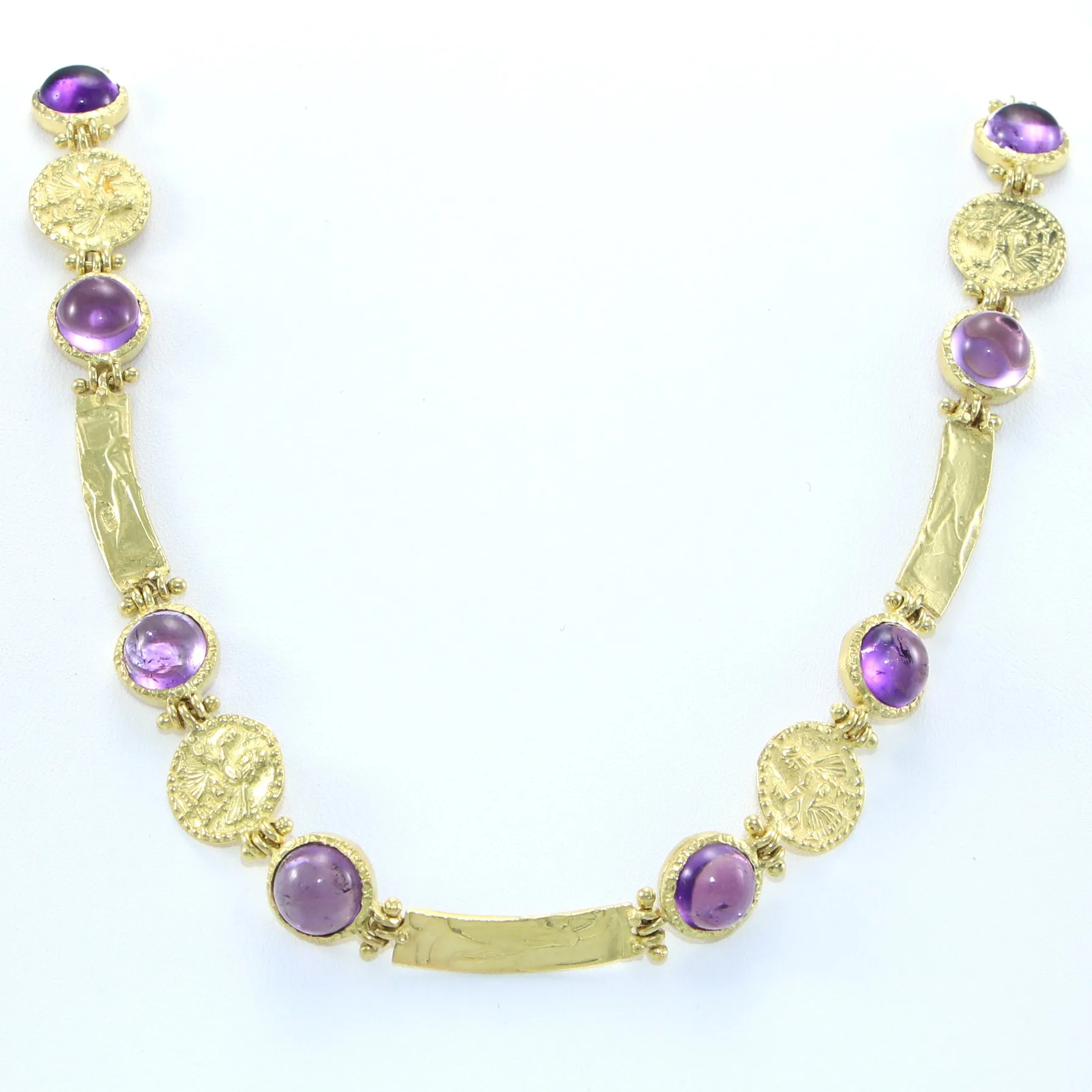 Greek Coin Cabochon Amethyst Necklace 18k Yellow Gold Engraved Vintage Antique