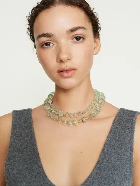 Green Amethyst Beaded Necklace with 9k White Gold and 18k Yellow Gold and Silver Motifs