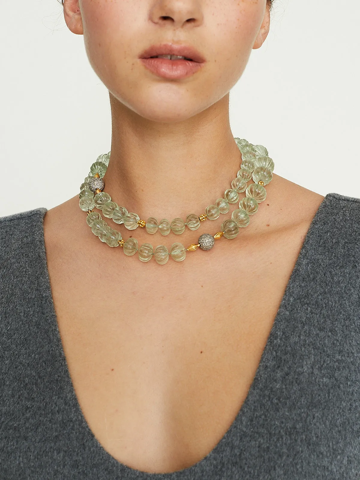 Green Amethyst Beaded Necklace with 9k White Gold and 18k Yellow Gold and Silver Motifs