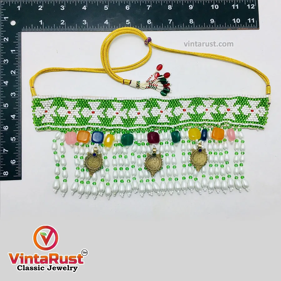 Green and White Beaded and Pearls Choker Necklace