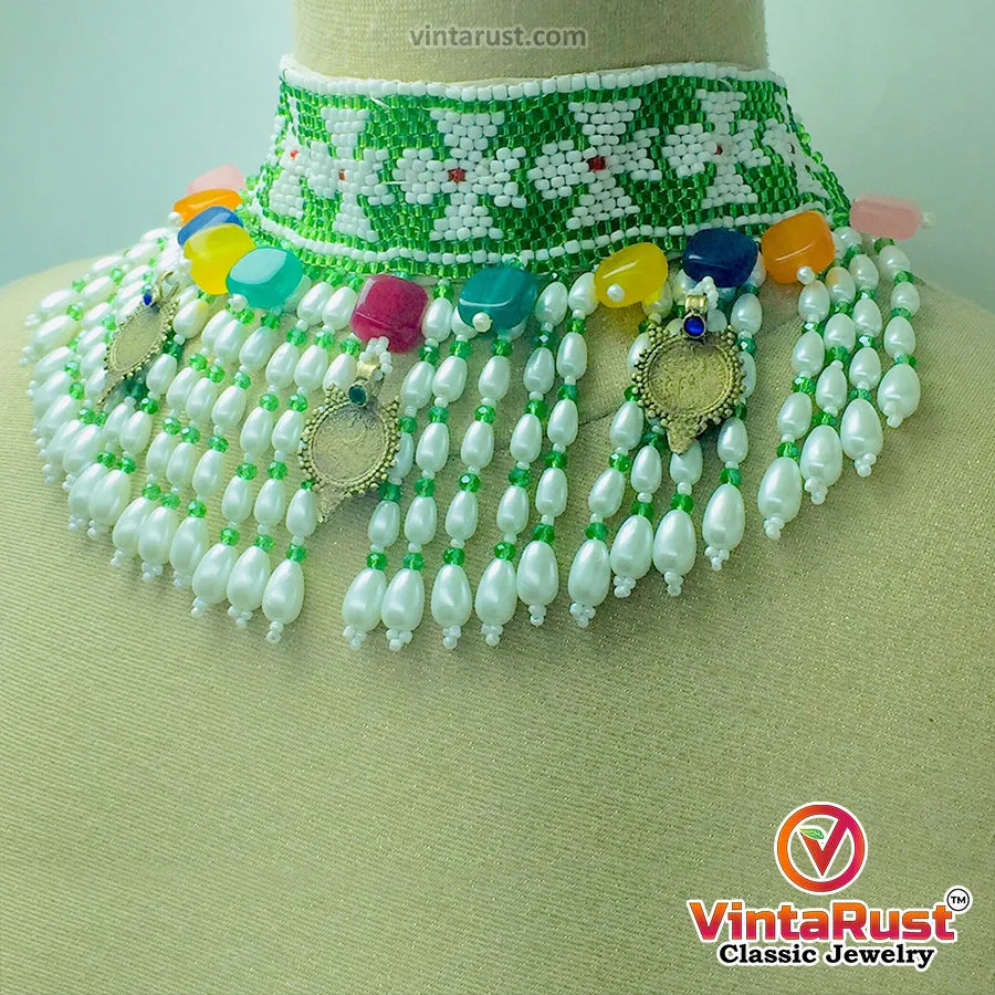 Green and White Beaded and Pearls Choker Necklace