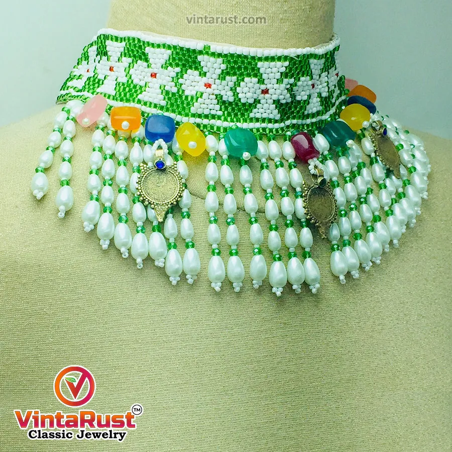 Green and White Beaded and Pearls Choker Necklace