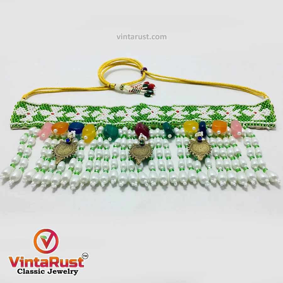 Green and White Beaded and Pearls Choker Necklace