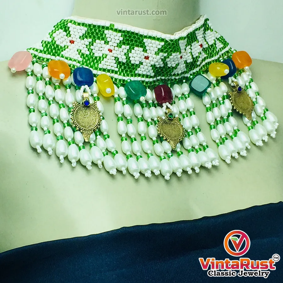 Green and White Beaded and Pearls Choker Necklace