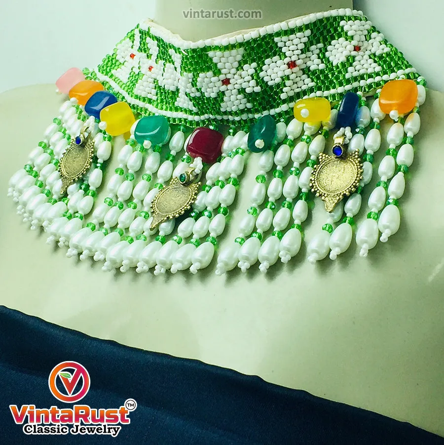Green and White Beaded and Pearls Choker Necklace