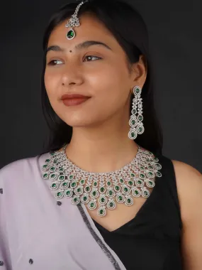 Green Color Silver Plated Faux Diamond Bridal Necklace Set - CZSET292GR