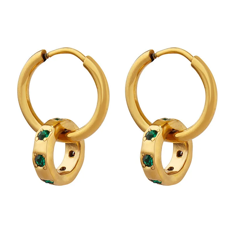Green Zircon Inlaid Ring Pendant Earrings Set in Titanium Steel