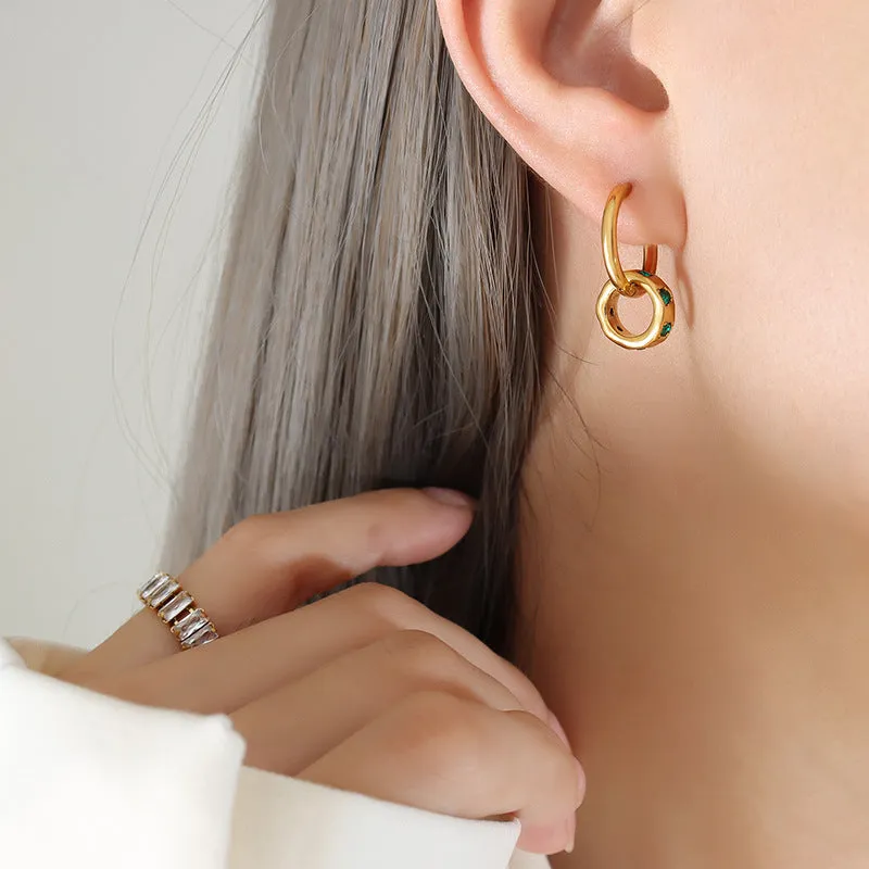Green Zircon Inlaid Ring Pendant Earrings Set in Titanium Steel