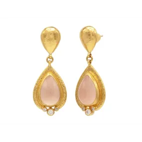 Gurhan One-of-a-Kind 24K Yellow Gold and 18K Vermeil Drop Cabochon Rose Quartz and Diamond Drop Earrings