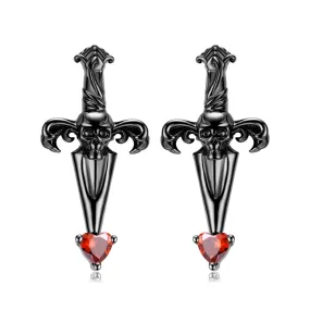 Halloween Skull Cross Sword Heart Shape Red Zircon Silver Stud Earrings