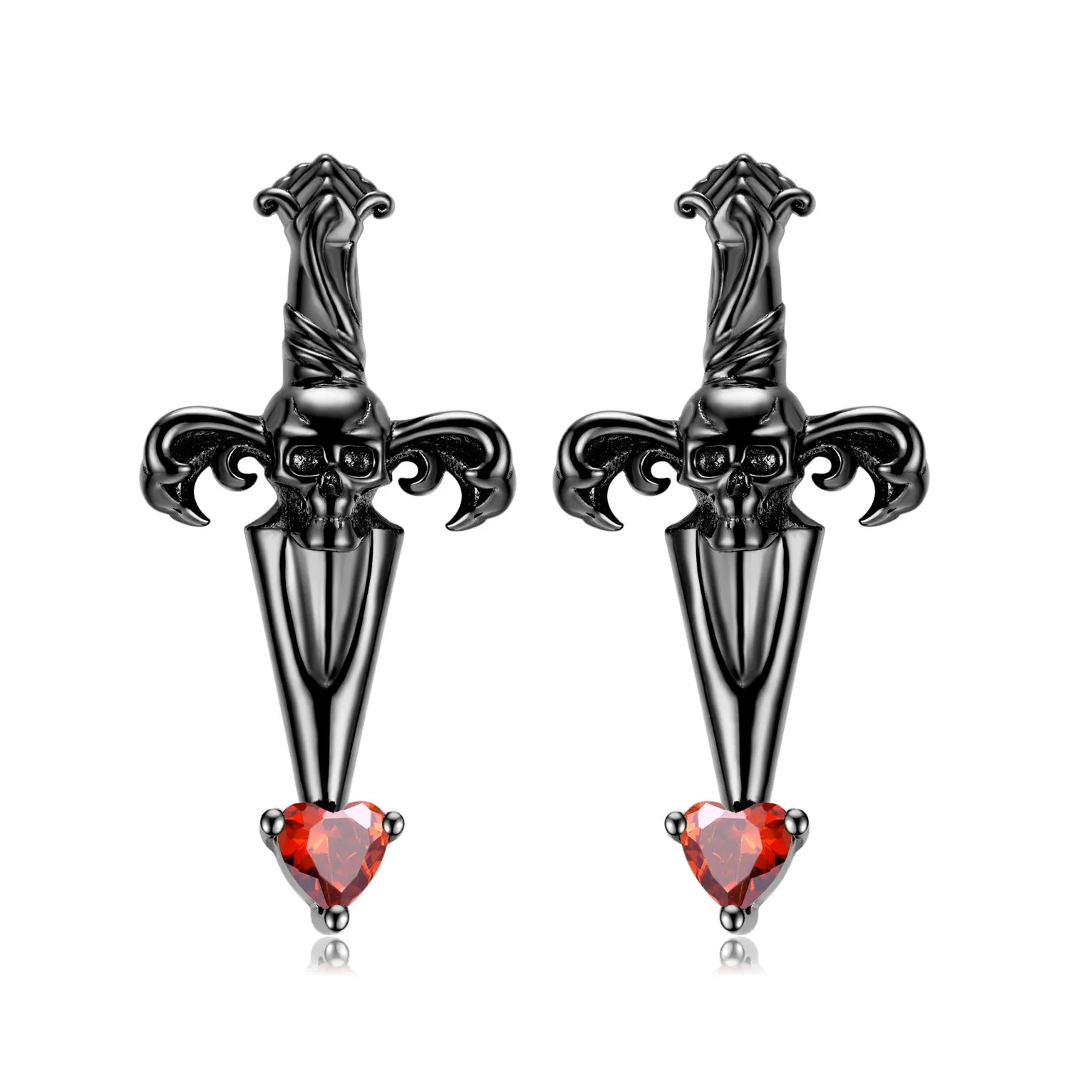 Halloween Skull Cross Sword Heart Shape Red Zircon Silver Stud Earrings