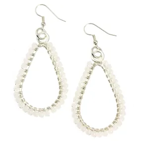 Hammered Fine Silver Tear Drop Earrings with Snow Quartz Gemstones