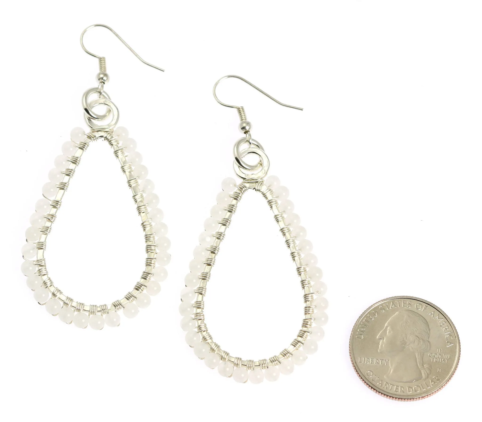 Hammered Fine Silver Tear Drop Earrings with Snow Quartz Gemstones