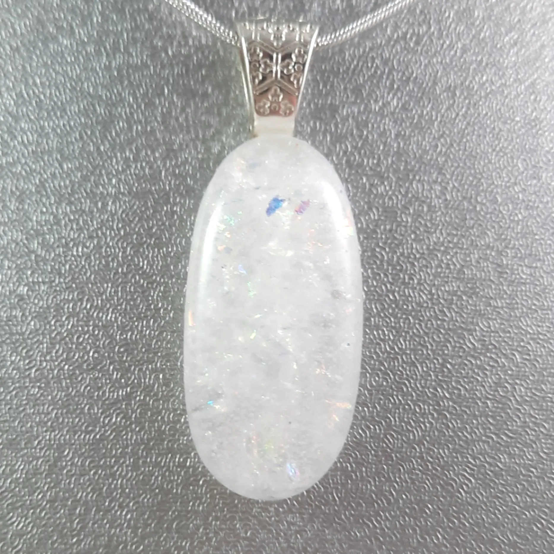 Handmade Art Glass Rainbow White Dichroic Oval Jewelry Pendant, Christmas Gift