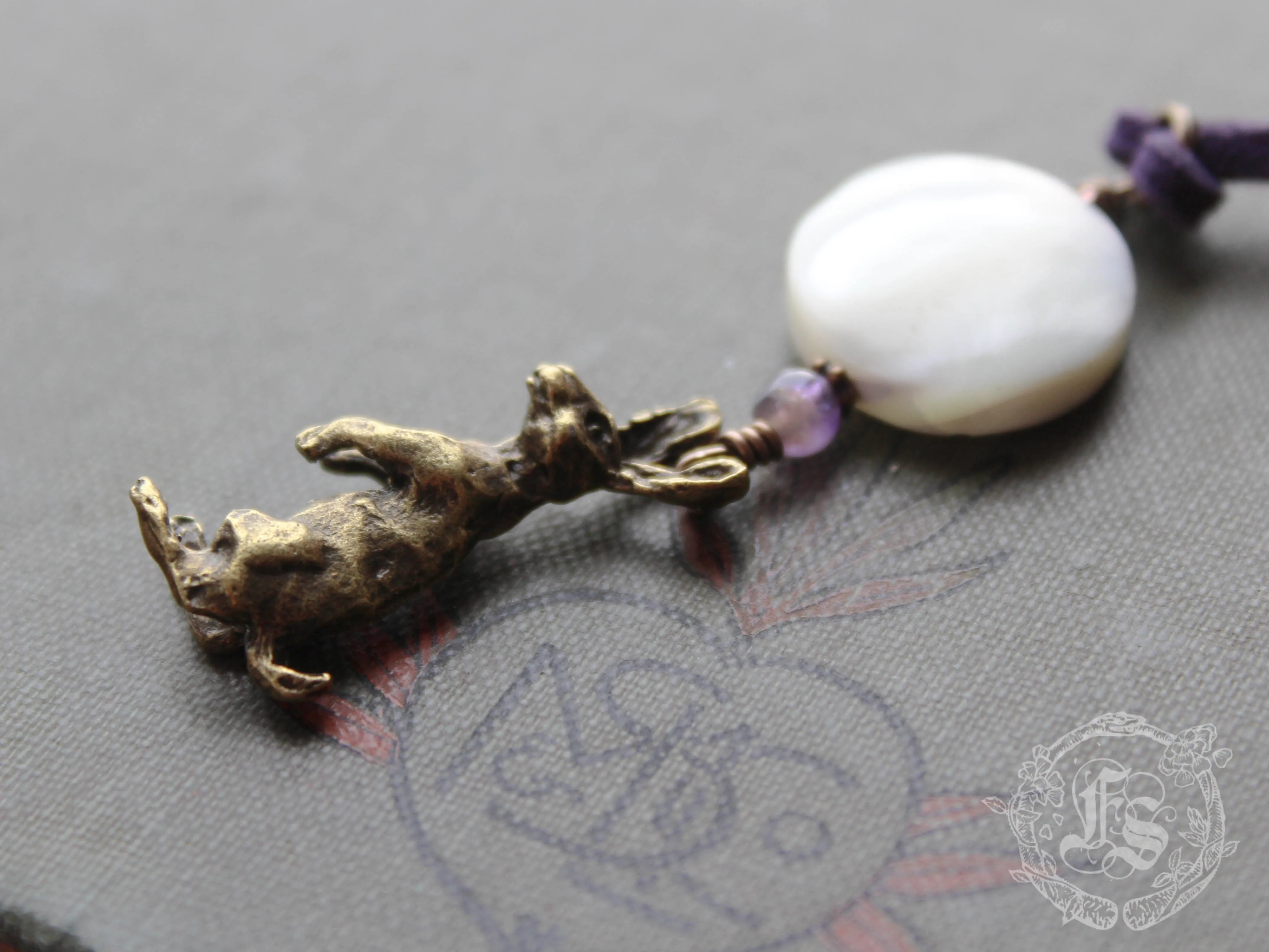 Hare and Moon Pendant Necklace in Brass