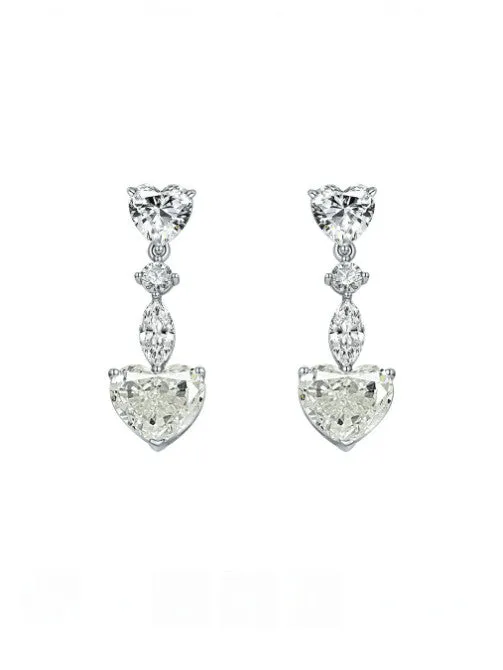 Heart Earrings 925 Sterling Silver Diamond Zircon Luxury Hypoallergenic Dangly Earrings