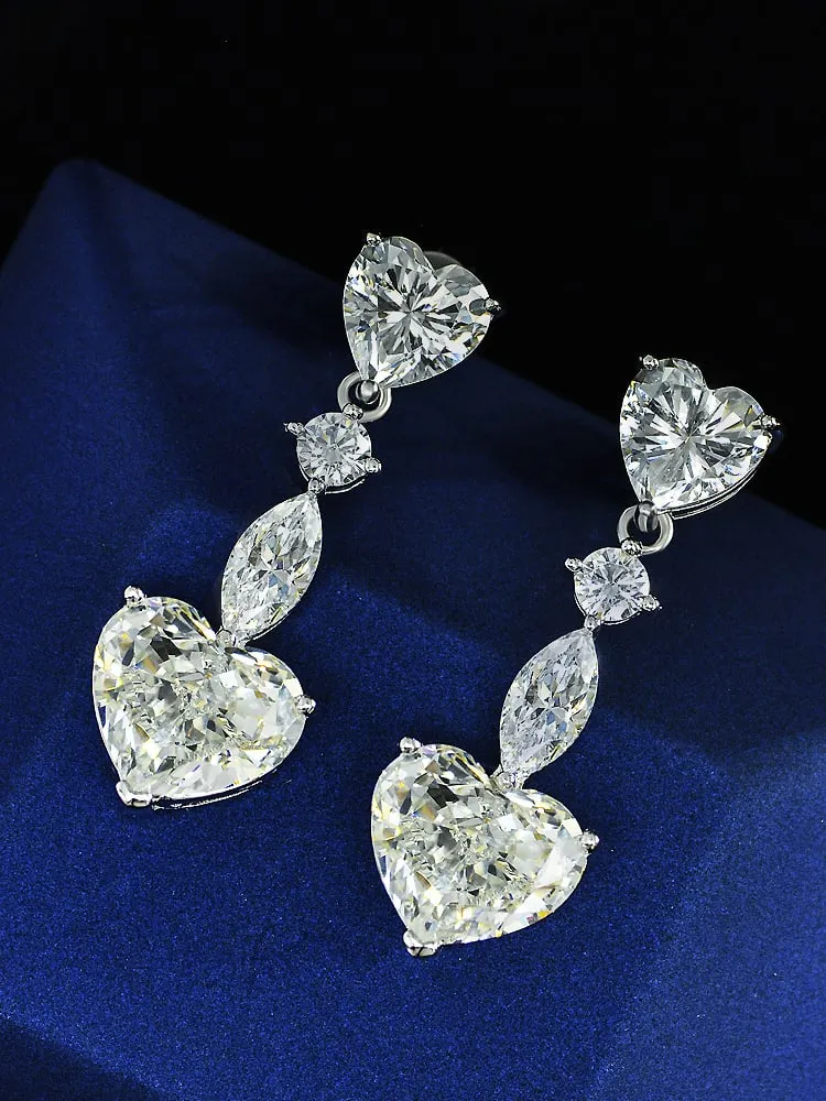 Heart Earrings 925 Sterling Silver Diamond Zircon Luxury Hypoallergenic Dangly Earrings