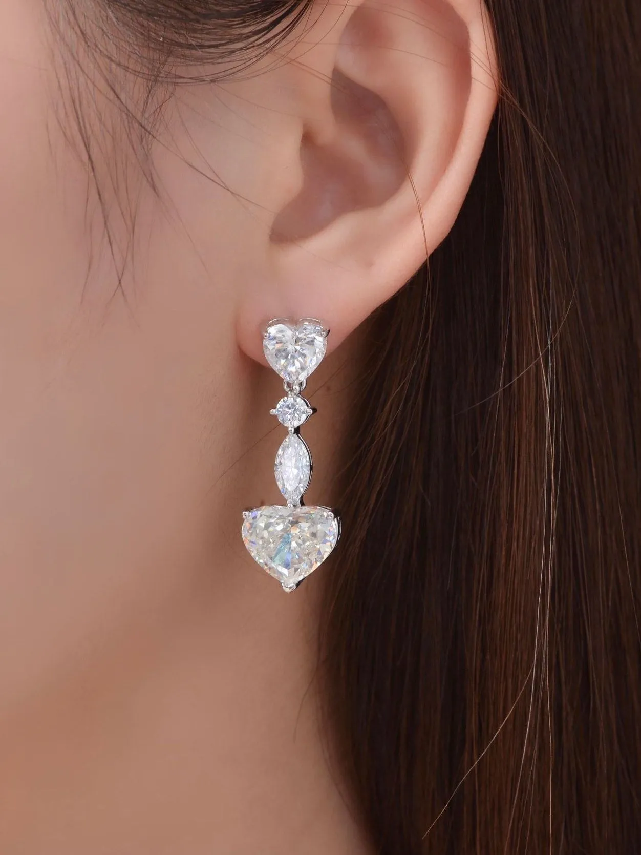 Heart Earrings 925 Sterling Silver Diamond Zircon Luxury Hypoallergenic Dangly Earrings