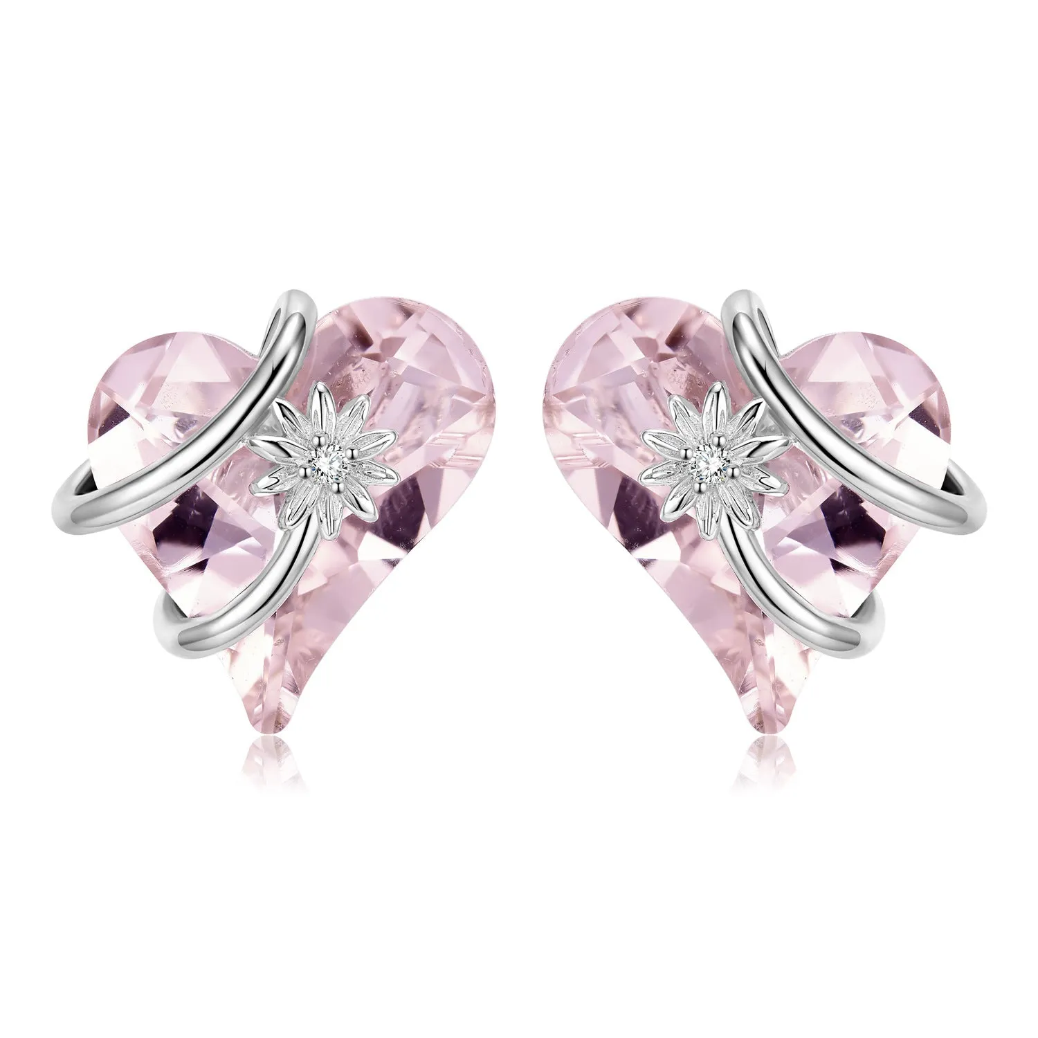 Heart Shape Pink Zircon Entangled Flower Silver Stud Earrings