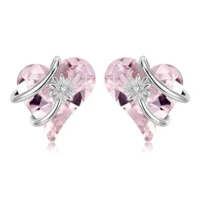 Heart Shape Pink Zircon Entangled Flower Silver Stud Earrings