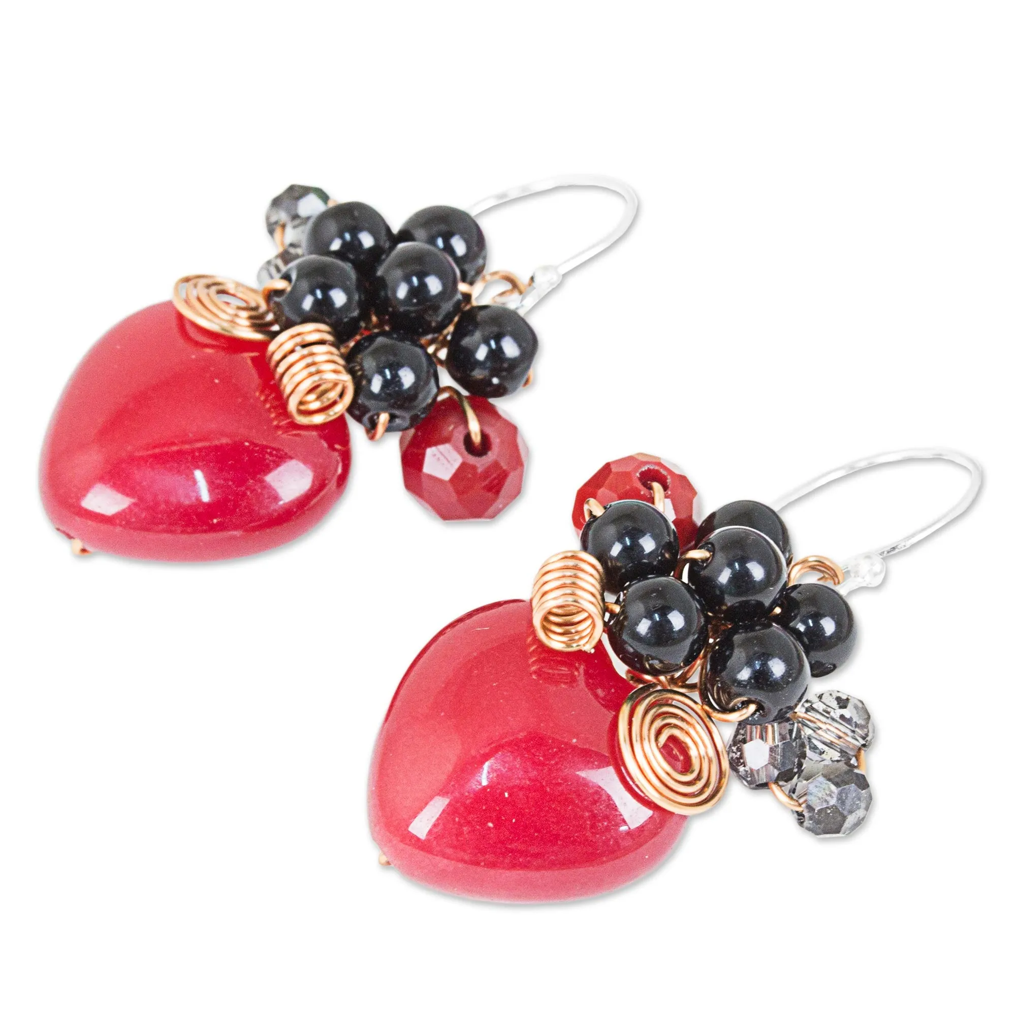 Heart Shaped Red Quartz Onyx and Glass Bead Dangle Earrings - Love Garden in Red | NOVICA