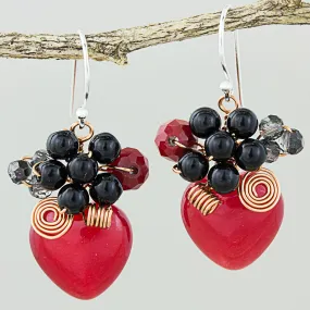 Heart Shaped Red Quartz Onyx and Glass Bead Dangle Earrings - Love Garden in Red | NOVICA