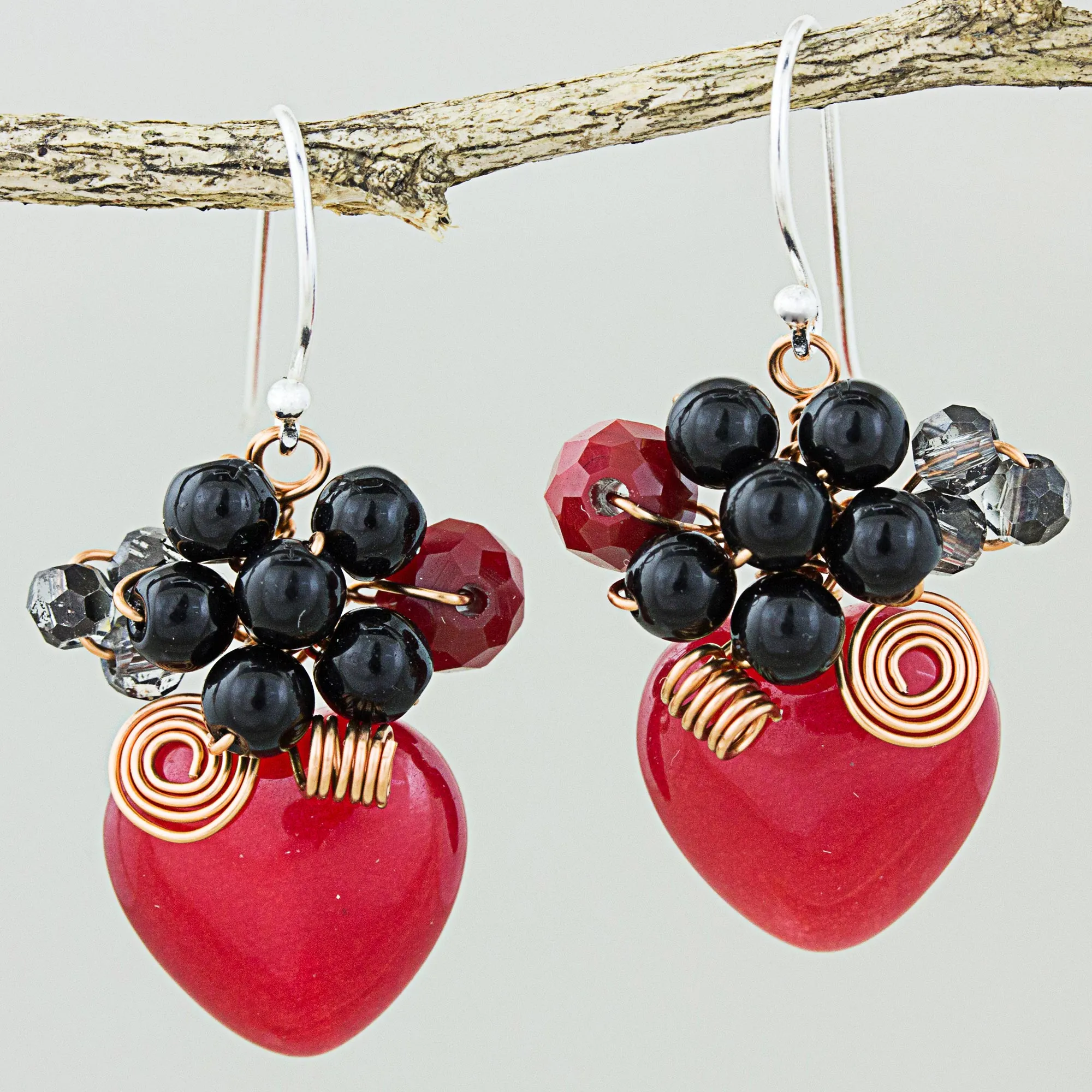 Heart Shaped Red Quartz Onyx and Glass Bead Dangle Earrings - Love Garden in Red | NOVICA