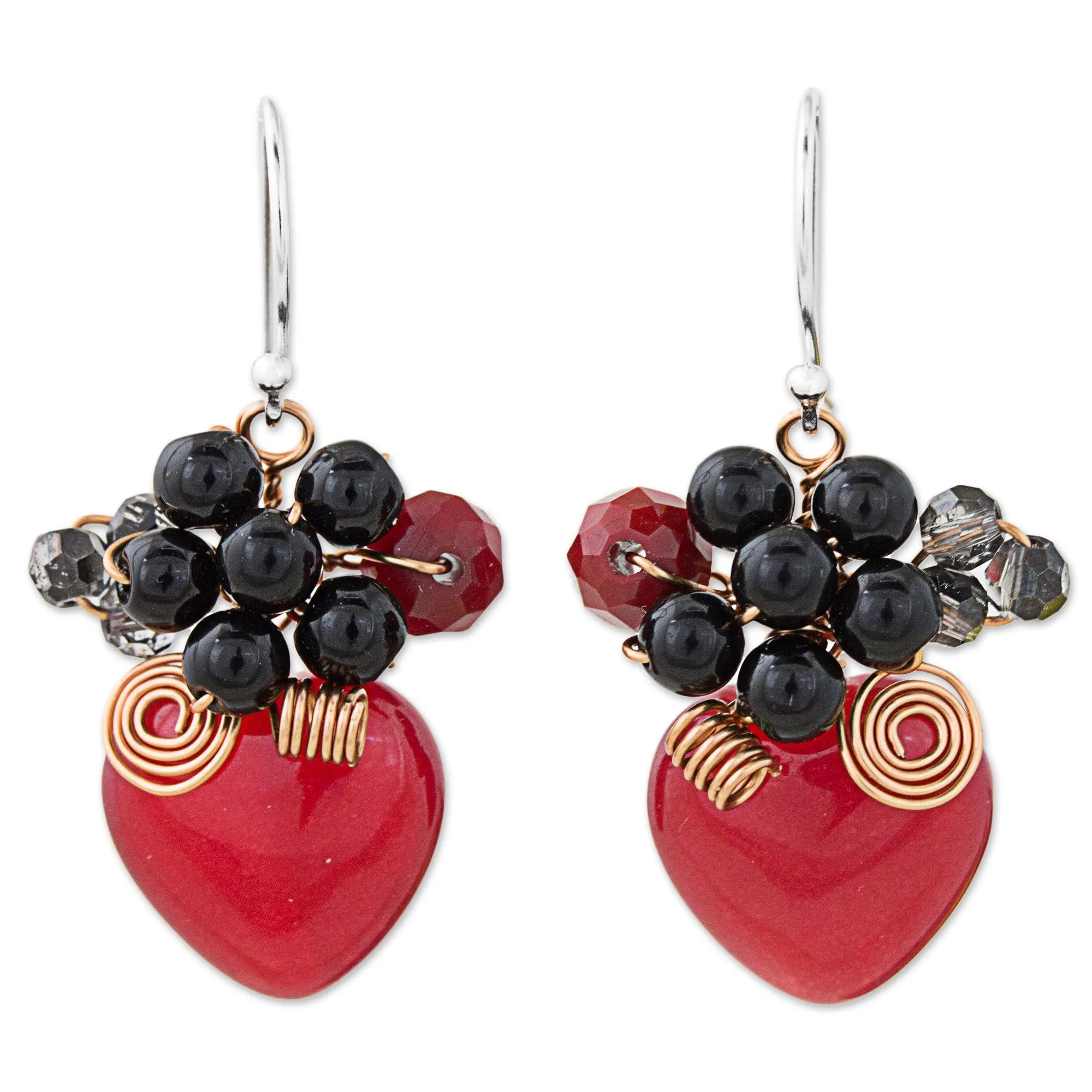 Heart Shaped Red Quartz Onyx and Glass Bead Dangle Earrings - Love Garden in Red | NOVICA