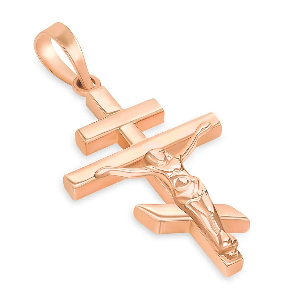 High Polish 14k Gold Russian Orthodox Cross Crucifix Pendant Necklace - Rose Gold