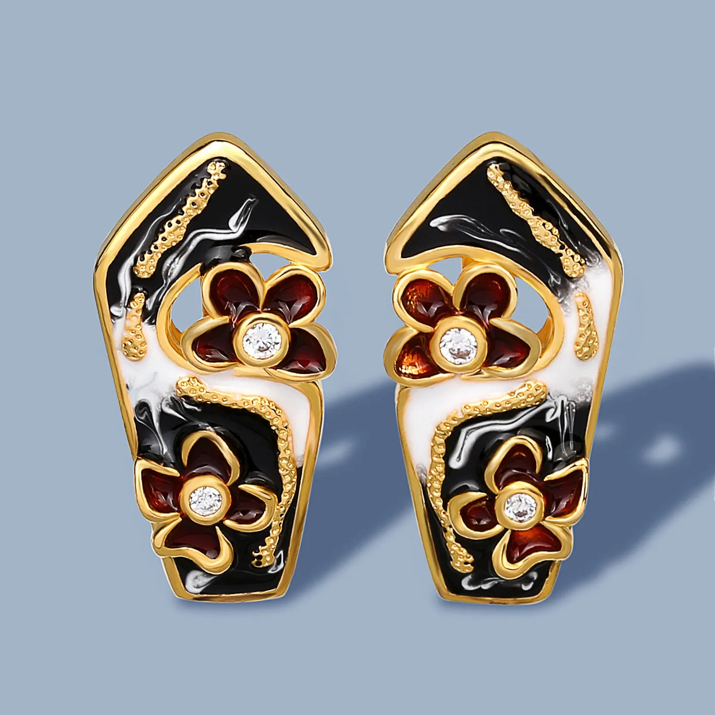 Hollow Flower Enamel Hoop Earrings for Women with Zircon in Gold Silver