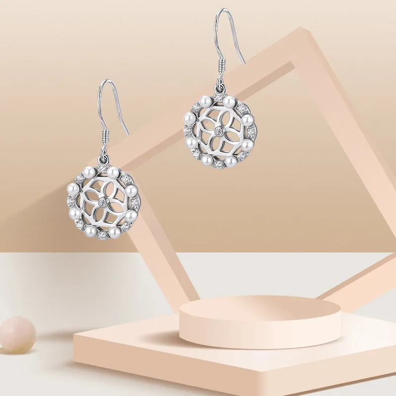 Hollow Four-leaf Clover with Zircon and Pearl Circle Silver Drop Earrings for Women