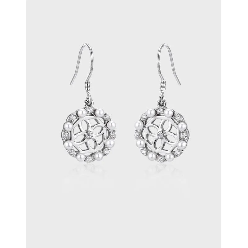 Hollow Four-leaf Clover with Zircon and Pearl Circle Silver Drop Earrings for Women